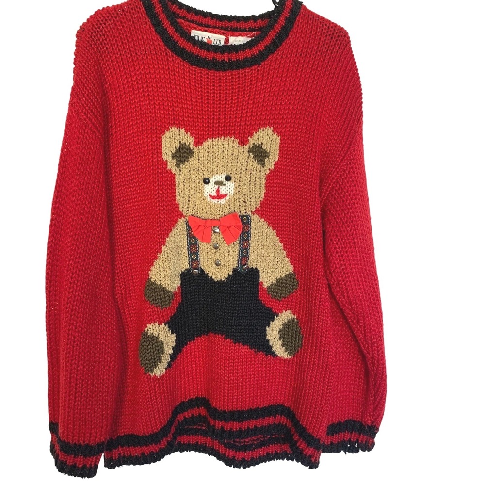 Teddy Bear Vintage Hand Knit Sweater XL 18 Women's Red Black 1980s Eve LTD
